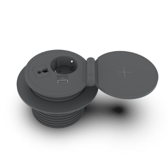 Tekli Şebeke Prizi + 1Ad. Tip A/C USB Şarj + Kablosuz Şarj + Kablo Geçiş Yuvası